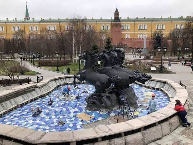 москва, фонтаны, весна, помывка, манежная площадь, времена года